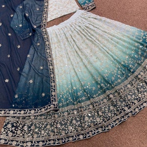Poly Georgette Teal Embroidered Wedding Lehenga Choli