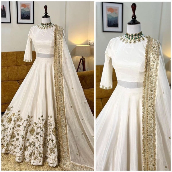 White Satin Silk Lehenga Choli With Soft Net Dupatta For Women, Designer Lehenga With Sequins & Embroidery Work, Wedding Lehenga Choli