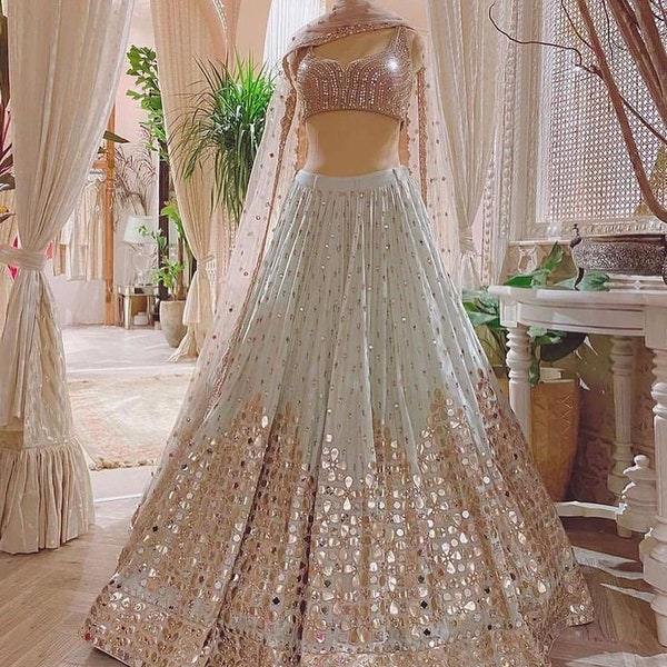 Beautiful Light Blue-gray Lehenga Choli For Women,indian Designer Ready To Partywear Lehenga Choli Net With Embroidery Indian Chaniya Choli