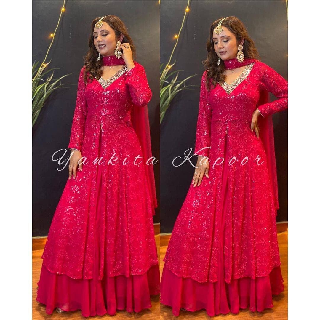 Buy Dark Pink Fox Georgette Gown Dress With Embroidery Sequence Online in  India - Etsy