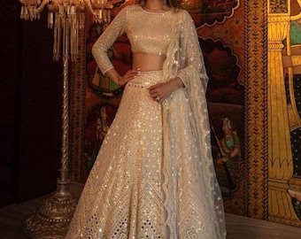 Exclusive White Color Net Lehenga Choli With Dupatta, Indian Designer wedding wear Cream Lehenga Choli, Embroidery Foil Work Lehenga Choli
