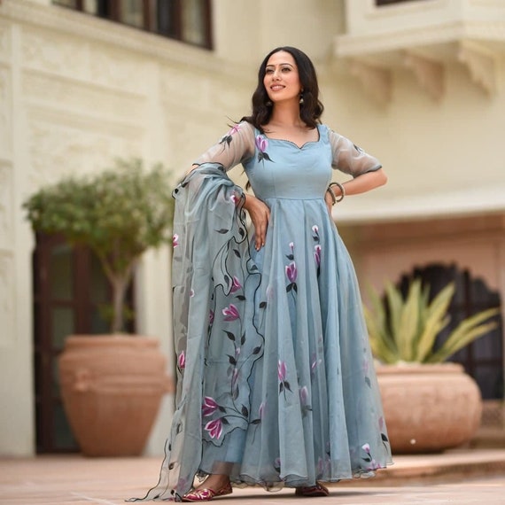 Designer Grey Gown With Digital Print 