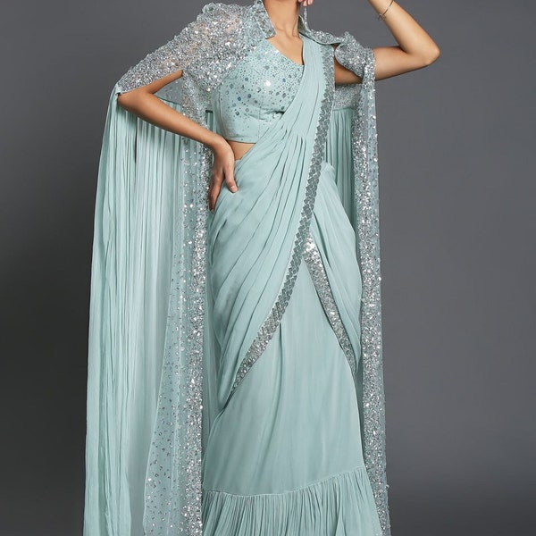 Sky Blue Color Beautifully Designed Georgette 1 Min Ready To Wear Saree, Stitched sari, Pre Stitch Saree, Ready To Wear Saree, Saree For USA