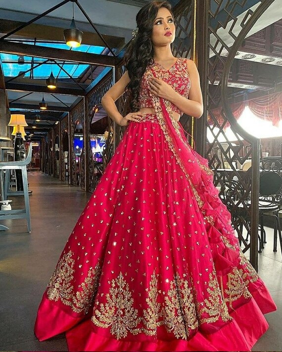 Party Wear Designer Red Layered Gown