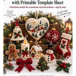 May include: A collection of needle felted Christmas ornaments including a heart, bell, gingerbread man, candle, house, snowman, stocking, bow, tree, and holly. The text reads Needle Felted Christmas Motifs with Printable Template Sheet.