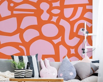 Abstraktes entfernbares Vinyl Wandbild / Bunte Tapete abziehen und aufkleben / Rosa und orange Foto Wandbild