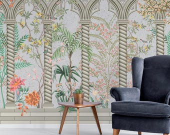 Enchanted Garden Arches Wall Mural – Ancient Floral Architecture Peel & Stick Wallpaper