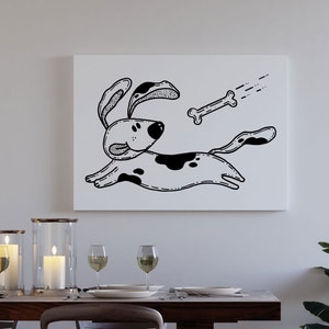 Black and White Dog Canvas Print/ Dog Bone Canvas Print/ Dog Canvas Wall Art