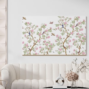 Floral Chinoiserie Canvas Print/ Bird Canvas Print/ Pink Chinoiserie Canvas Wall Art