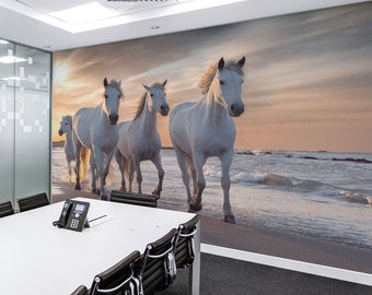 White horse removable vinyl mural / Peel and stick white stallion wallpaper / Horses mural print