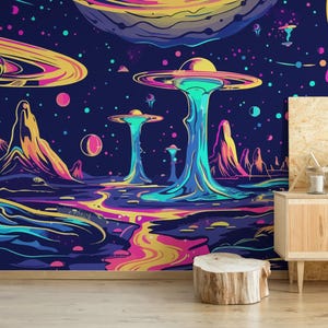 Carta da parati Neon Surreal Space / Carta da parati murale Psichedelica Galaxy / Stampa murale colorata – Rimovibile, autoadesiva o non incollata
