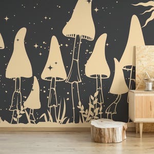 Carta da parati "Campo di funghi al chiaro di luna" / Carta da parati murale "Funghi celestiali" staccabile e attaccabile / Stampa "Foresta stravagante" - Rimovibile, autoadesiva o non incollabile