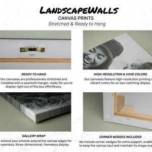 May include: Image showcasing canvas prints with the text "LANDSCAPEWALLS" and "CANVAS PRINTS Stretched & Ready to Hang." Details include ready-to-hang features, high-resolution printing, gallery wrap, and corner wedges for support.