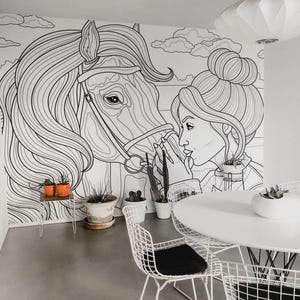 Horse Coloring removable vinyl mural / Peel and stick Coloring pattern wallpaper / Coloring mural print - Peel & Stick or Non-Pasted