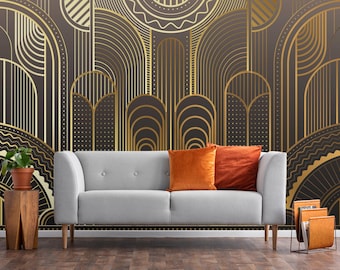 Art Deco Golden Abstract Mural – Peel and Stick Wallpaper