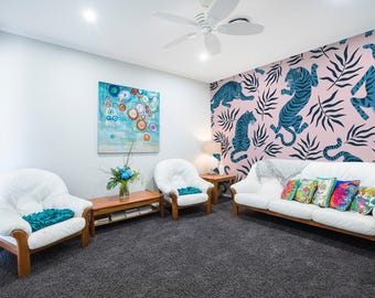 Bright tiger removable vinyl mural / Peel and stick Bright Tiger pattern wallpaper / Bright Tiger mural print - Peel & Stick or Non-Pasted