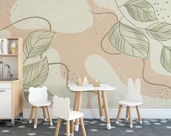 Boho removable vinyl mural / Peel and stick neutral wallpaper / Nature photo mural