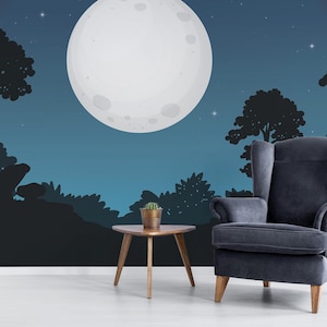 Full Moon Night Forest wallpaper / Peel & Stick Starry Sky wall mural / Nightscape mural – Removable Self-adhesive or Non-Pasted