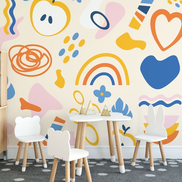 Clip art style removable vinyl mural / Peel and stick large scale shapes wallpaper / Abstract shapes mural print