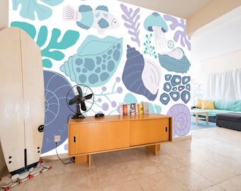 Coastal Illustration Mural / Sea Life wallpaper / Coastal & Tropical print - Removable Self-adhesive or Non-Pasted / Custom Size