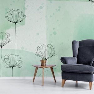 Murale rimovibile Floral Line Art / Murale carta da parati astratta minimale / Stampa murale acquerello verde - Stacca e attacca o non incollato