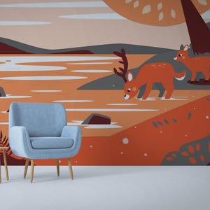 Mural de vinilo removible con lindos ciervos en un río / Mural de papel tapiz con paisaje otoñal / Impresión de mural kawaii - Despegar y pegar o sin pegar