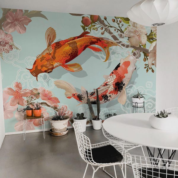 Koi fish removable vinyl mural / Peel and stick Japanese pattern wallpaper / Japanese mural print - Peel & Stick or Non-Pasted