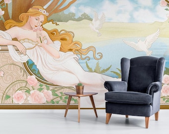 Art Nouveau Goddess Wall Mural – Romantic Rose Garden Peel & Stick Wallpaper
