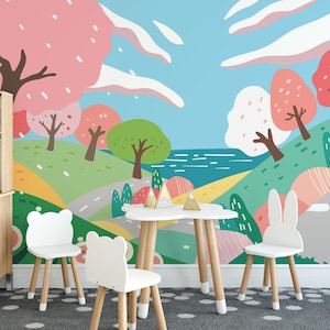 Pink Cute Landscape removable vinyl mural / Kawaii Cartoon Trees wallpaper mural / Kawaii mural print - Peel & Stick or Non-Pasted