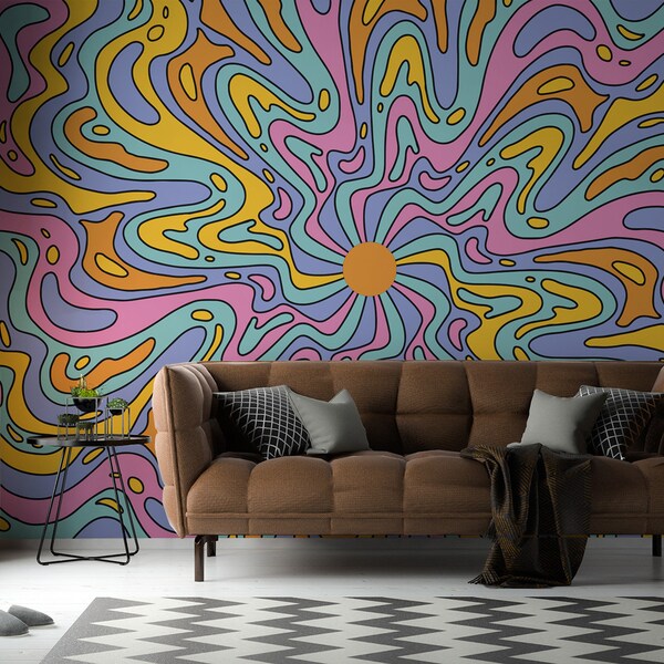 Groovy removable vinyl mural / Peel and stick psychedelic wallpaper / Groovy photo mural