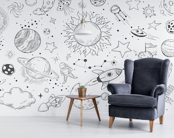 Solar System Wallpaper Planet Wall Mural Galaxy Wall Art Kids Peel and ...