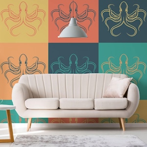 Retro Octopus removable vinyl mural / Peel and stick Color pattern wallpaper - Peel & Stick or Non-pasted / Color mural print