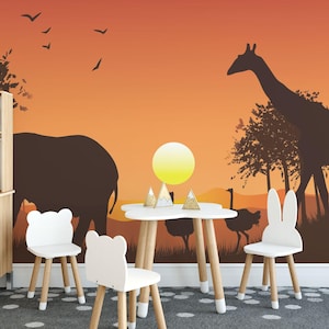 Murale in vinile rimovibile Safari al tramonto / Carta da parati stacca e incolla con motivi animali - Stacca e incolla o non incollata / Stampa murale con animali