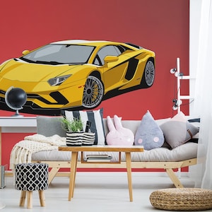 Gelbe Sportwagen-Tapete / Cartoon Lamborghini-Wandbild / Roter Rennsport-Wandbilddruck - Abnehmbar, selbstklebend oder nicht geklebt