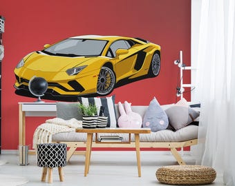 黄色のスポーツカー壁紙 – 漫画風ランボルギーニ壁画 - Etsy 日本