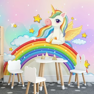 Murale in vinile rimovibile con unicorno / Carta da parati con unicorno arcobaleno staccabile e attaccabile / Stampa murale con unicorno pastello per bambini - Staccabile e attaccabile o non incollabile