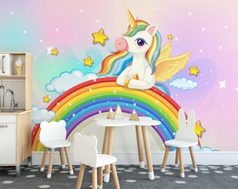 ユニコーンレインボー壁紙壁画、パステルカラーの子供用壁装飾、子供