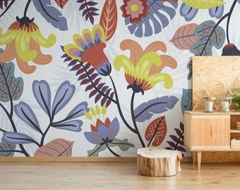 Colorful Bold Floral Botanicals Wall Mural, Accent Wall Decor | Removable or Traditional Wallpaper Mural
