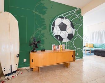 Football removable vinyl mural / Peel and stick Soccer pattern wallpaper - Peel & Stick or Non-pasted / Soccer mural print