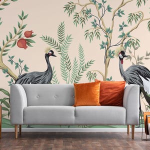 Crane bird removable vinyl mural / Peel and stick Vintage pattern wallpaper / Vintage mural print - Peel & Stick or Non-Pasted