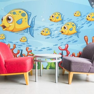 Fish removable vinyl mural / Peel and stick Cartoon Fish pattern wallpaper / Cartoon Fish mural print - Peel & Stick or Non-Pasted