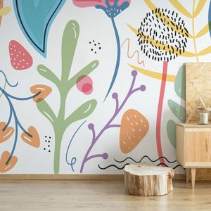 Carta da parati murale rimovibile astratta per bambini / Carta da parati con motivo naturale staccabile e attaccabile / Stampa murale botanica colorata - Staccabile e attaccabile o non incollabile