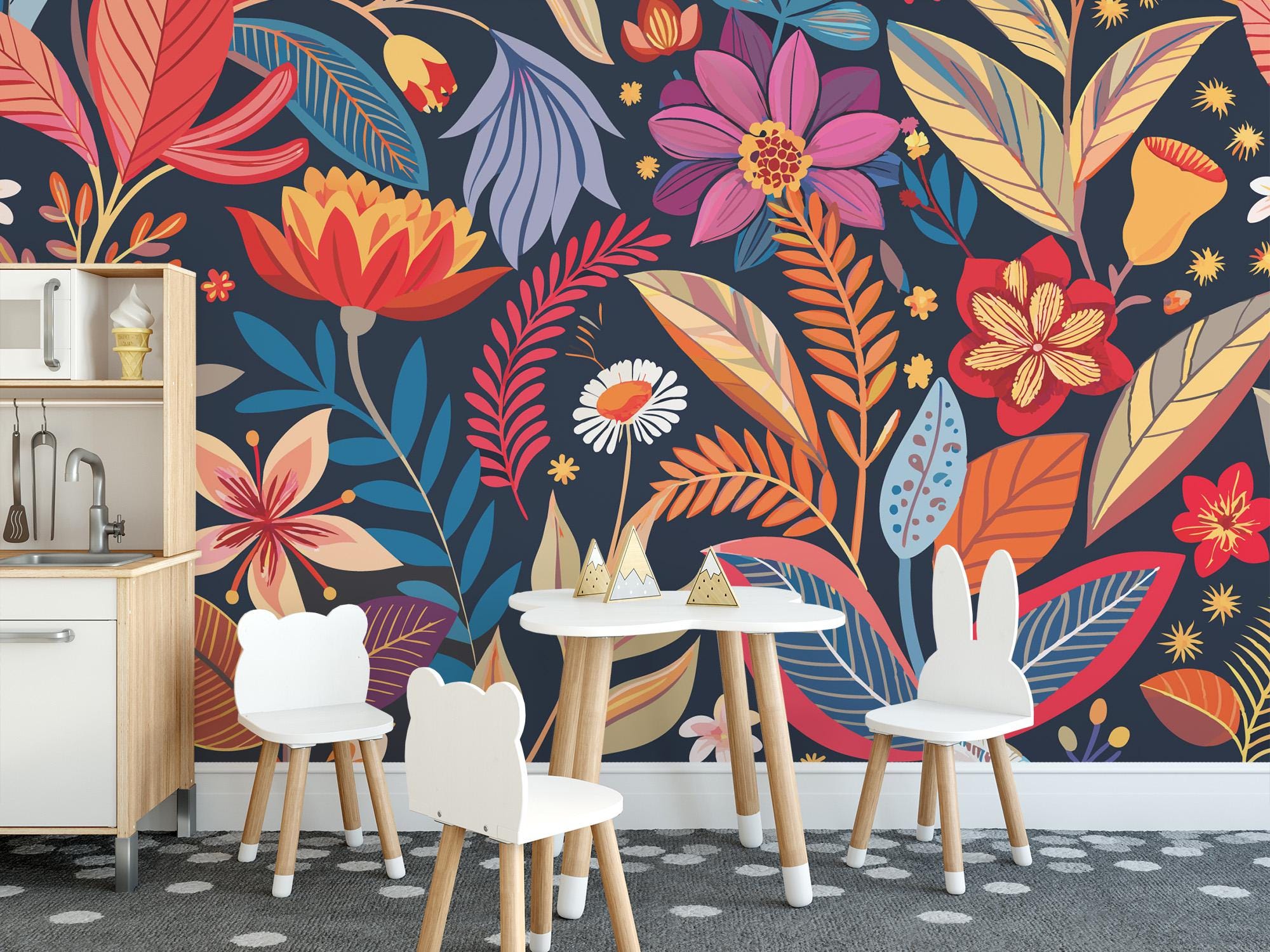 Bold Floral Meadow Wallpaper – Vibrant Botanical Wall Mural - Etsy