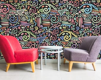 African Tribal Wallpaper Mural – Colorful Geometric Vinyl, Peel & Stick