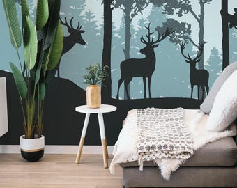 Deer Forest Mural – Peel and Stick Wallpaper, Nature Wall Art