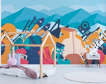 Winter Sports Gear Wall Mural – Ski and Snowboard Equipment Peel & Stick Wallpaper