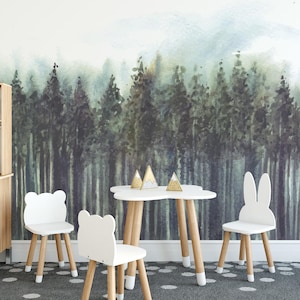 Foggy Pine Forest wallpaper / Peel & Stick Watercolor Tree wall mural / Misty Woodland print – Removable Self-adhesive or Non-Pasted