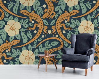 Art Nouveau Lizards Wall Mural – Vintage Botanical Reptile Peel & Stick Wallpaper