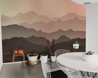 Misty Layered Mountain Landscape Wall Mural, Neutral Home Office Decor | Removable or Traditional Wallpaper Mural