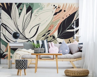 Bold removable vinyl mural / Peel and stick boho wallpaper / Floral photo mural